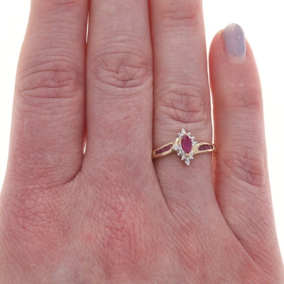 Yellow Gold Ruby Diamond Bypass Ring - 14k Marquise & Round 2.54ctw - Picture 2 of 7